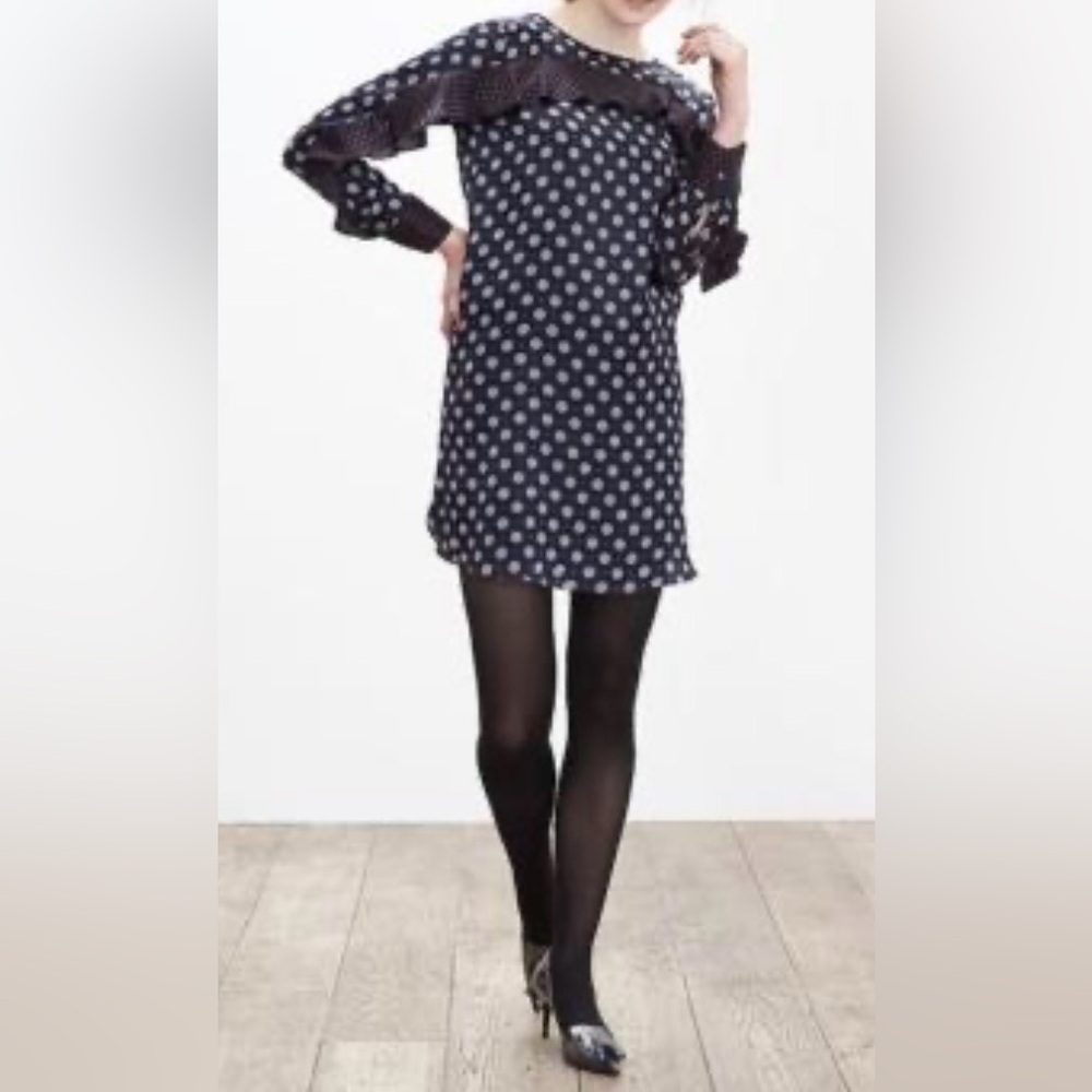 Banana Republic Navy Silk Dress with Geometric Red & White Pattern.